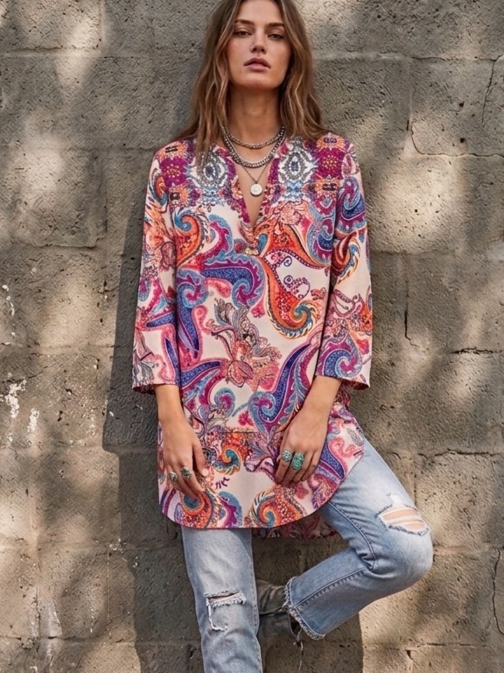 Figueroa & Flower Henley Closure Open Side Long Crepe Poly Tunic 3/4 Sleeves XL
